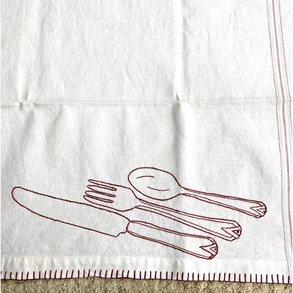 White cotton muslin kitchen tea towel red embroidery finishes country farmhouse